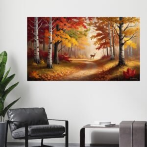 Happie Vibes autumn forest canvas print with golden deer path