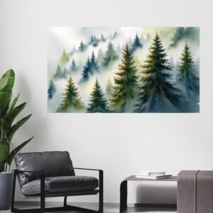 Misty forest watercolor painting – Happie Vibes nature wall art