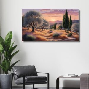 Golden Mediterranean landscape wall art – Happie Vibes canvas print for warm home decor