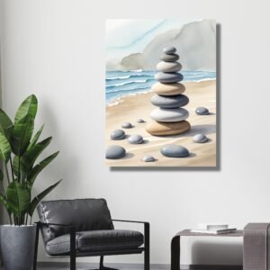 Beach zen stone wall art – Happie Vibes canvas print for meditation and coastal room decor