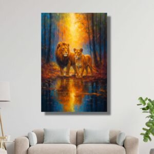 Lion and lioness painting – wildlife couple wall art symbolizing love and strength