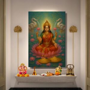 Goddess Laxmi canvas painting artwork glowing on lotus with elephants – Happie Vibes