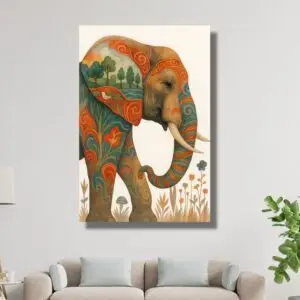 Happie Vibes abstract elephant wall art with colorful patterned design