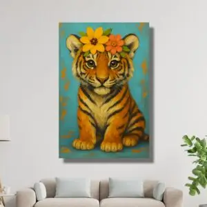 Whimsical Tiger Cub Canvas Painting – Happie Vibes Colorful Boho Animal Wall Art