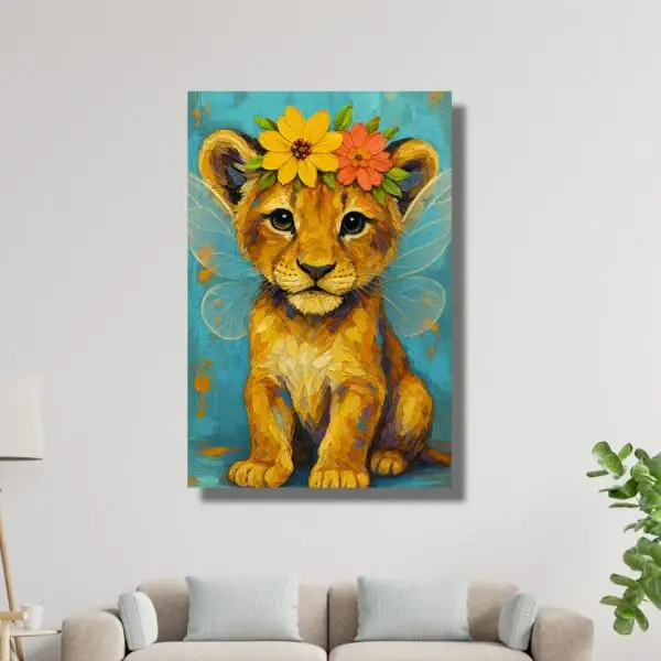 lion cub canvas painting – Happie Vibes colorful whimsical wall art kids room decor