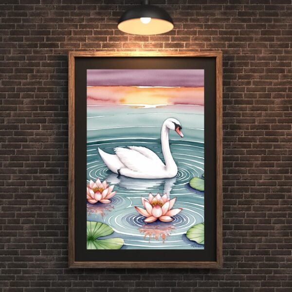 Swan bird painting with lotus flowers – elegant wall art for peace and harmony