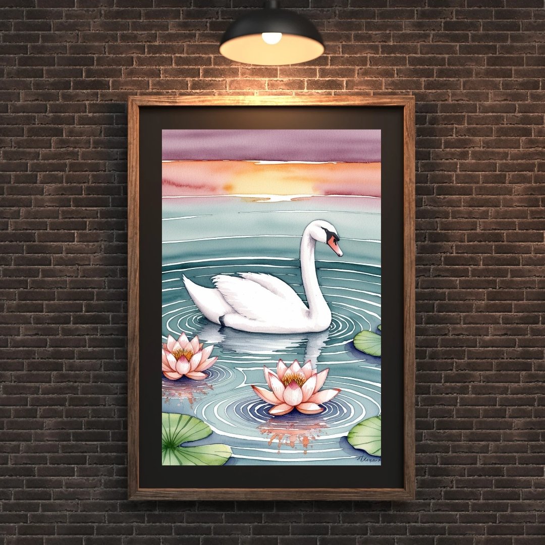 Swan bird painting with lotus flowers – elegant wall art for peace and harmony