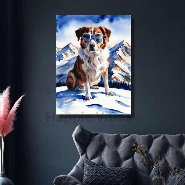 Cool Pup on Snowy Peaks – Whimsical Dog Wall Art