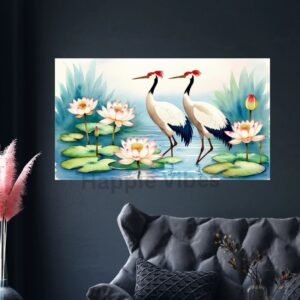 Happie Vibes cranes lotus canvas painting wall decor