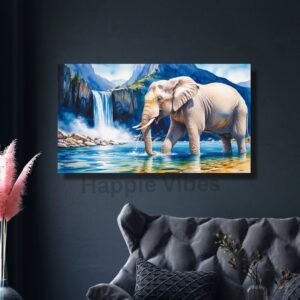 Majestic elephant canvas painting by Happie Vibes – wildlife wall decor with waterfall and nature scenery