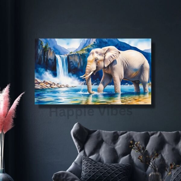 Majestic elephant canvas painting by Happie Vibes – wildlife wall decor with waterfall and nature scenery