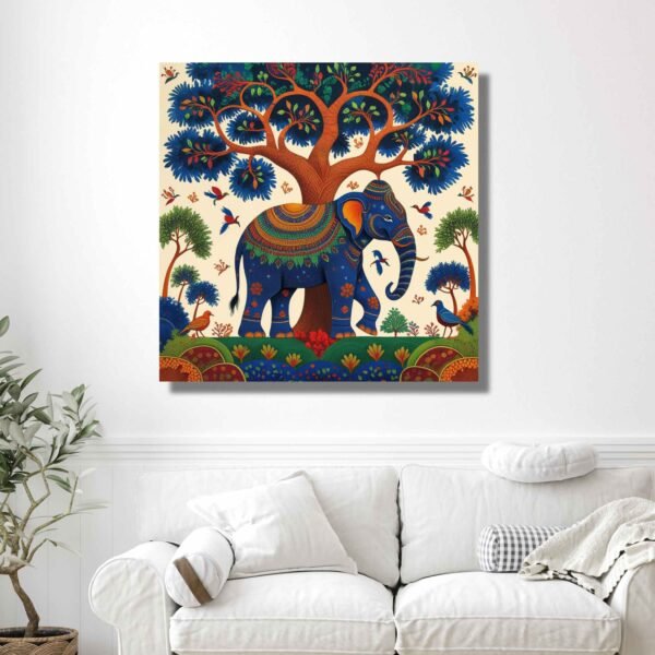 Happie Vibes gond elephant canvas painting indian folk wall art
