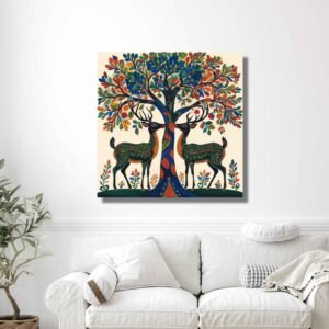 Happie Vibes gond deer canvas painting indian folk wall art