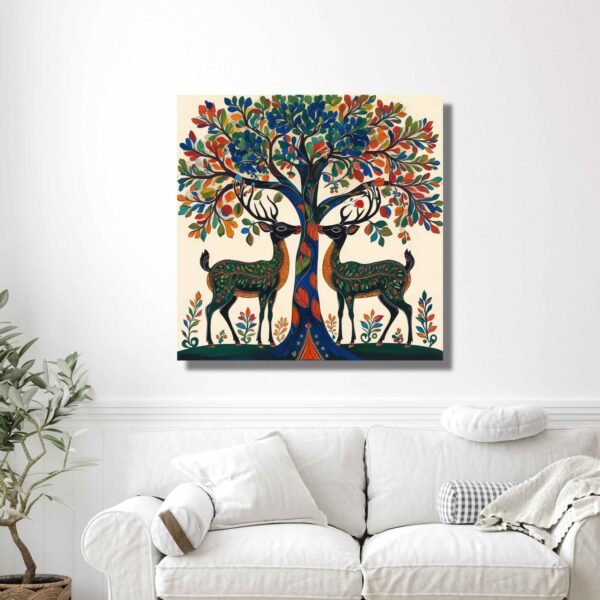 Happie Vibes gond deer canvas painting indian folk wall art