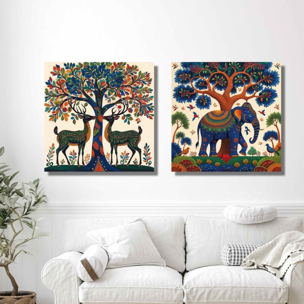 Happie Vibes gond art canvas painting set deer and elephant wall decor