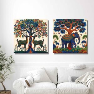 Happie Vibes gond art canvas painting set deer and elephant wall decor