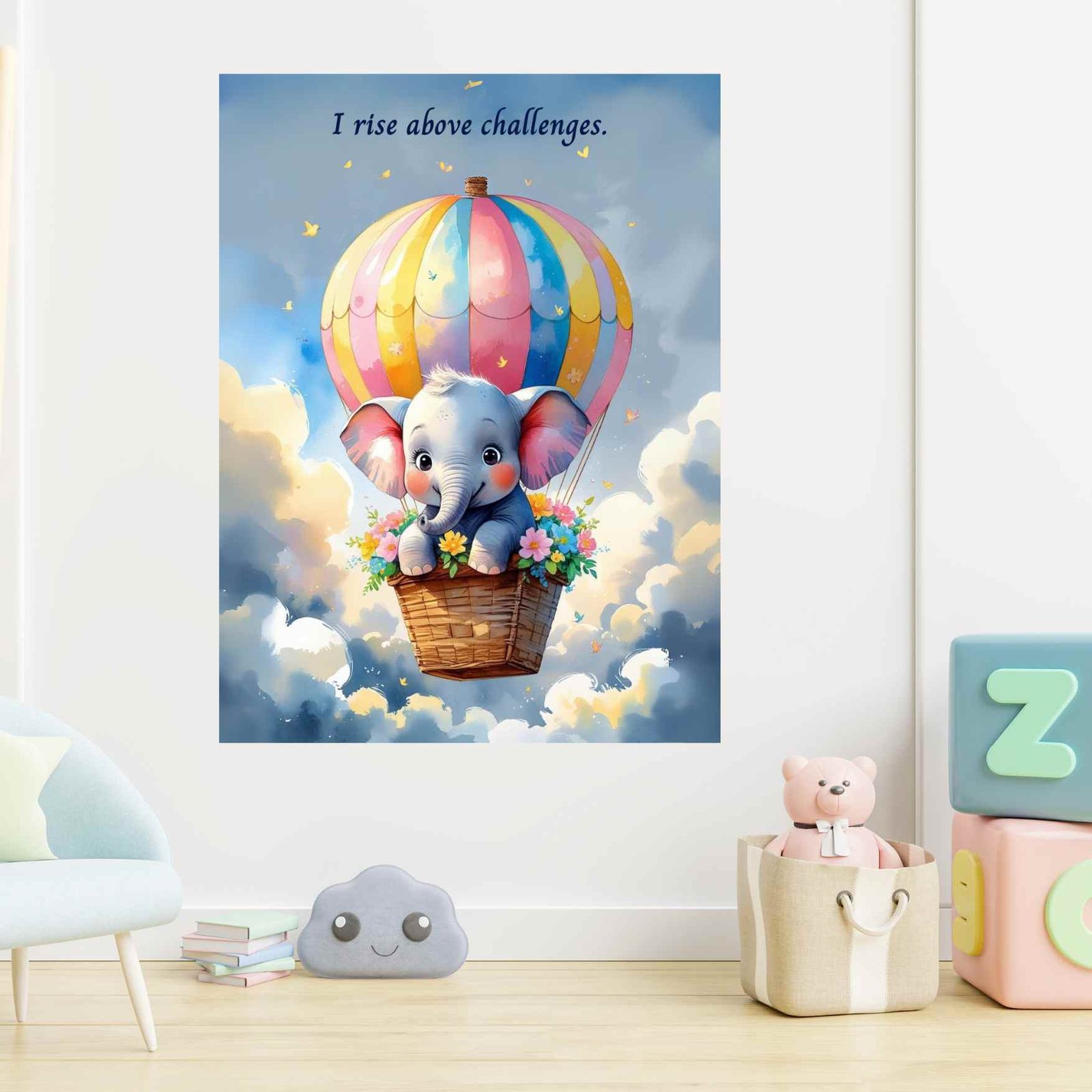 Happie Vibes elephant affirmation wall art kids inspirational canvas painting nursery decor