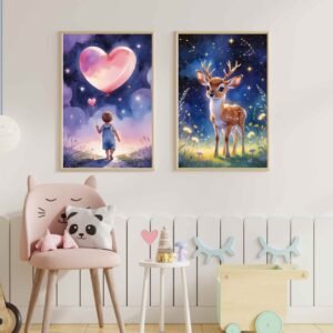 Happie Vibes kids room decor set of two dreamy night canvas paintings – child with heart balloon and glowing deer under starlight