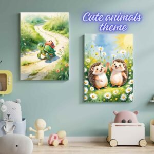 Happie Vibes set of two cute animal canvas painting artworks – turtle with backpack and smiling hedgehogs in a daisy meadow, perfect for nursery and kids room wall decor