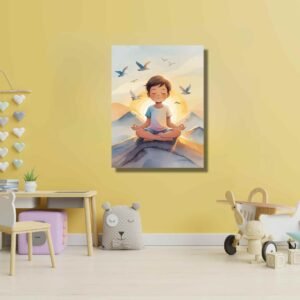 Happie Vibes mindfulness canvas painting artwork of a boy meditating on a mountain for kids room decor