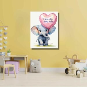 Happie Vibes cute elephant canvas painting artwork holding a big loving heart balloon in watercolor style for kids room decor