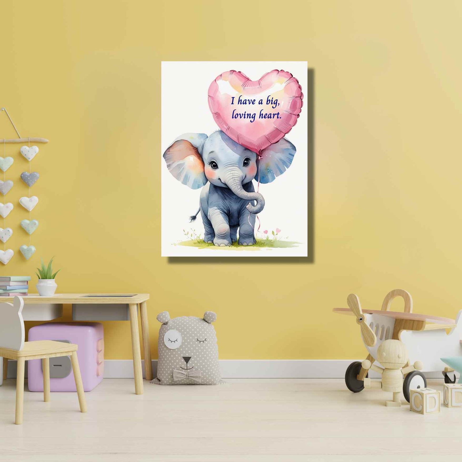 Happie Vibes cute elephant canvas painting artwork holding a big loving heart balloon in watercolor style for kids room decor