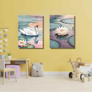 Happie Vibes kids room decor swan and lotus pond canvas painting set of two in pastel tones
