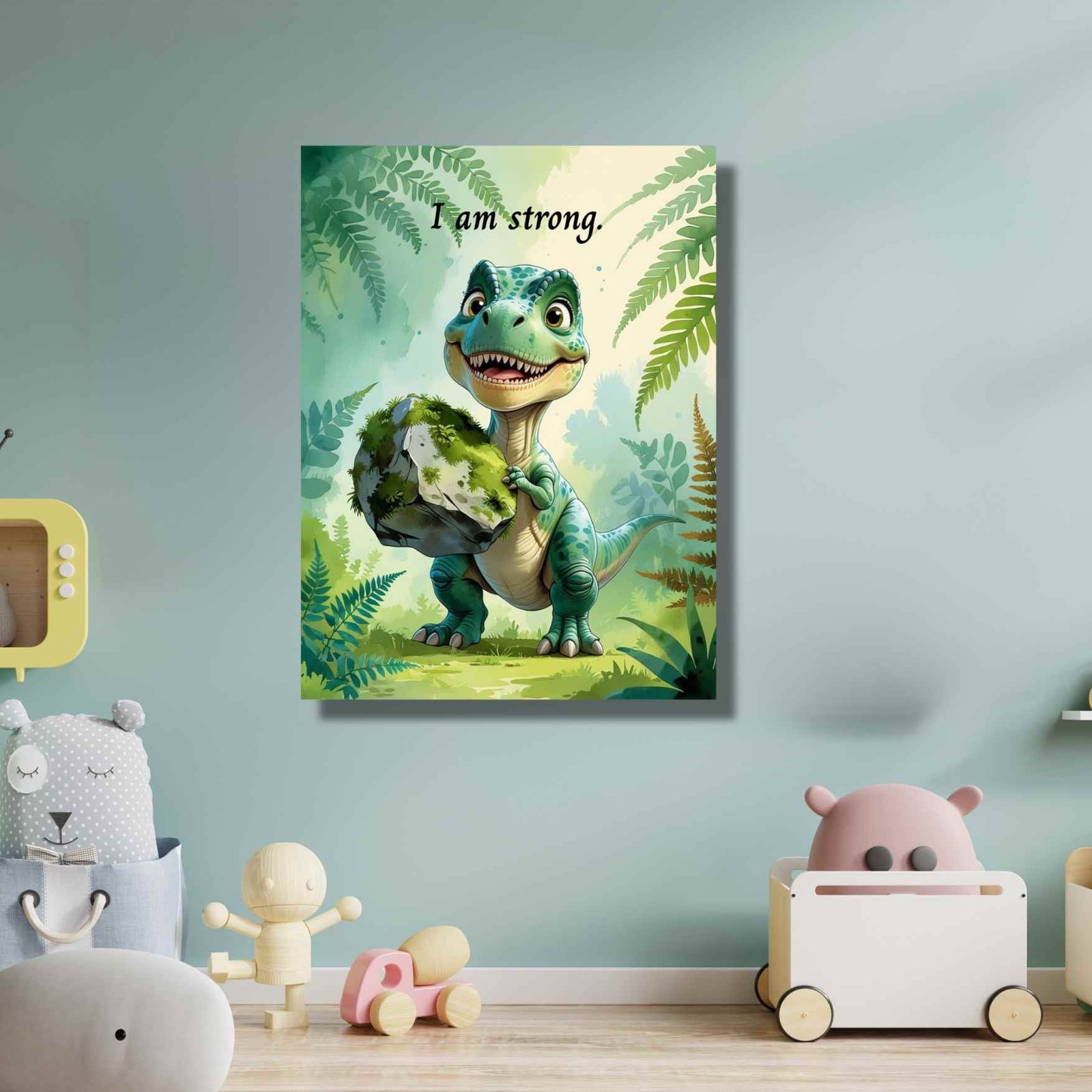 Happie Vibes kids room decor green dinosaur canvas artwork with I Am Strong quote