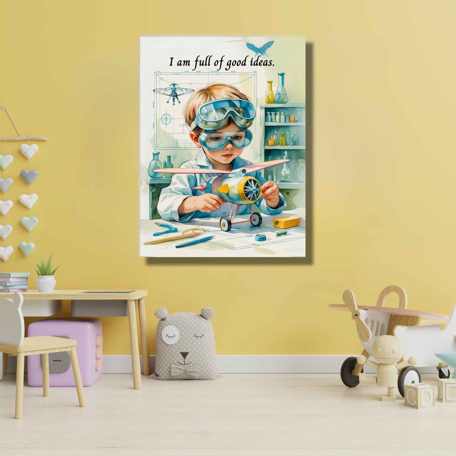 Happie Vibes set of 2 kids room decor canvas painting artwork featuring affirmational watercolor boy scientist with motivational quote