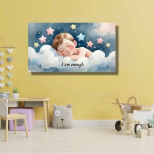 Happie Vibes - I Am Enough painting baby boy sleeping on a cloud canvas artwork