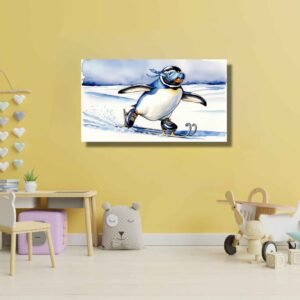 Happie Vibes kids room decor watercolor wall art of playful penguin ice skating in snowy winter landscape
