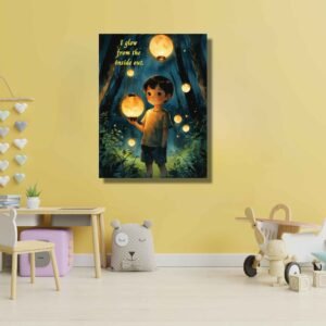 Happie Vibes affirmational kids room decor, boy with lamp glowing in magical night forest canvas painting artwork