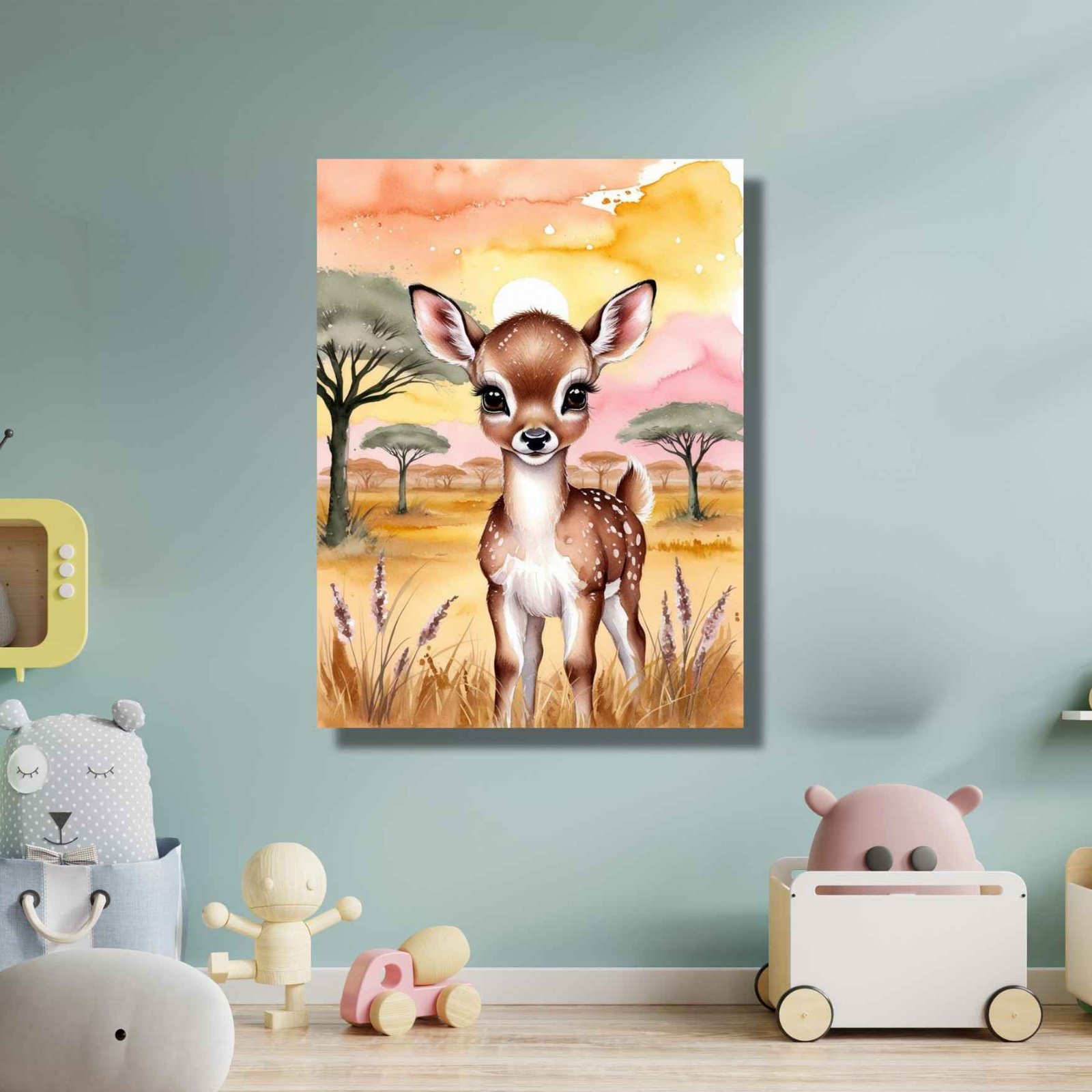 Whimsical woodland deer nursery art pastel deer in forest canvas kids room