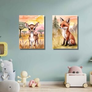 Happie Vibes set of 2 kids room decor canvas painting artwork featuring a baby deer and fox in watercolor woodland style