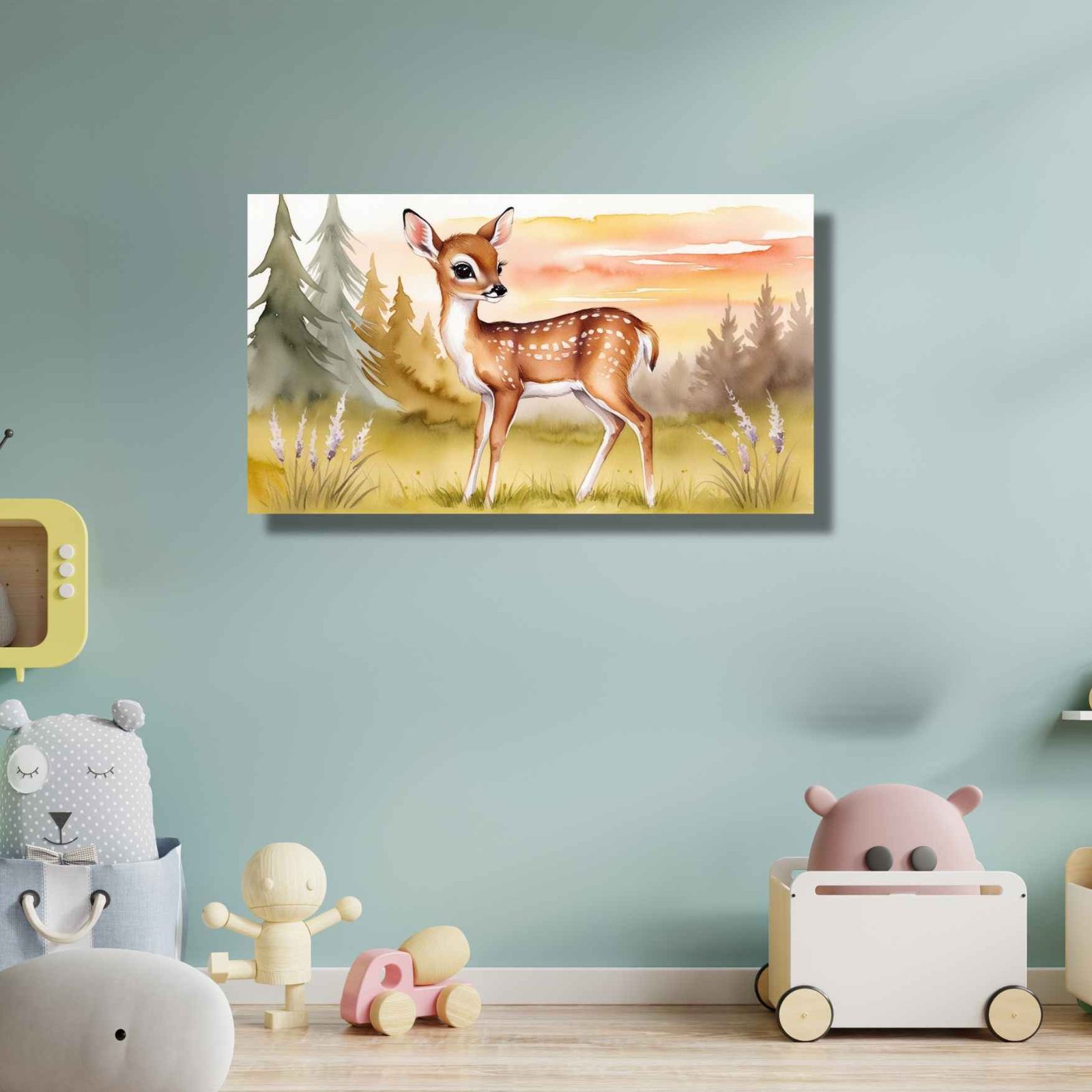Whimsical woodland deer nursery art pastel deer in forest canvas kids room