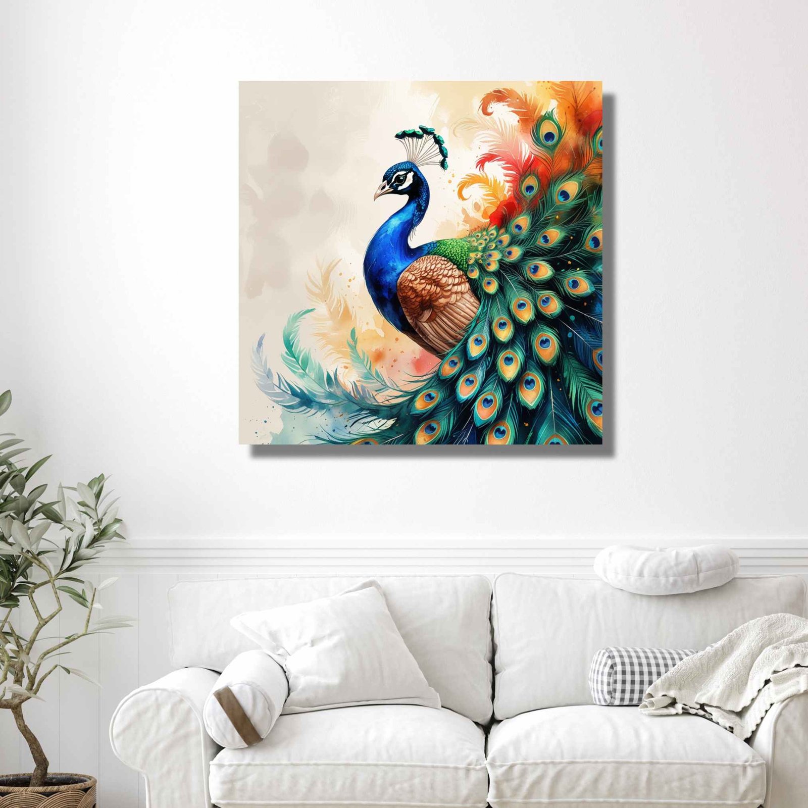 Happie Vibes peacock wall art – vibrant canvas painting with colorful feathers in blue, green, and gold for Indian decor