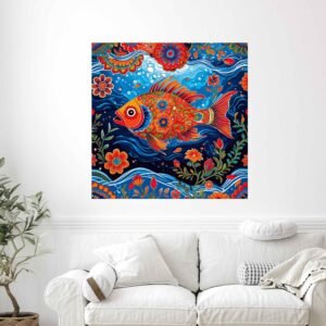 Happie Vibes folk art fish canvas painting colorful indian wall decor