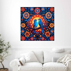 Happie Vibes lovebirds folk art canvas painting colorful indian wall decor