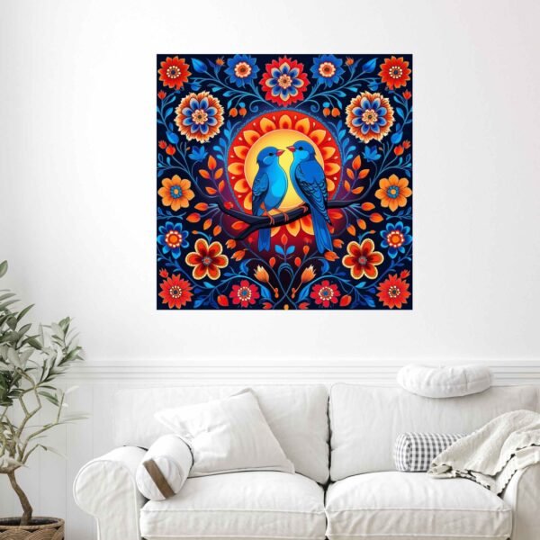 Happie Vibes lovebirds folk art canvas painting colorful indian wall decor