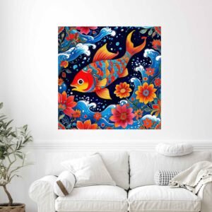 Happie Vibes folk fish canvas painting with vibrant colors, flowers, and flowing water wall art