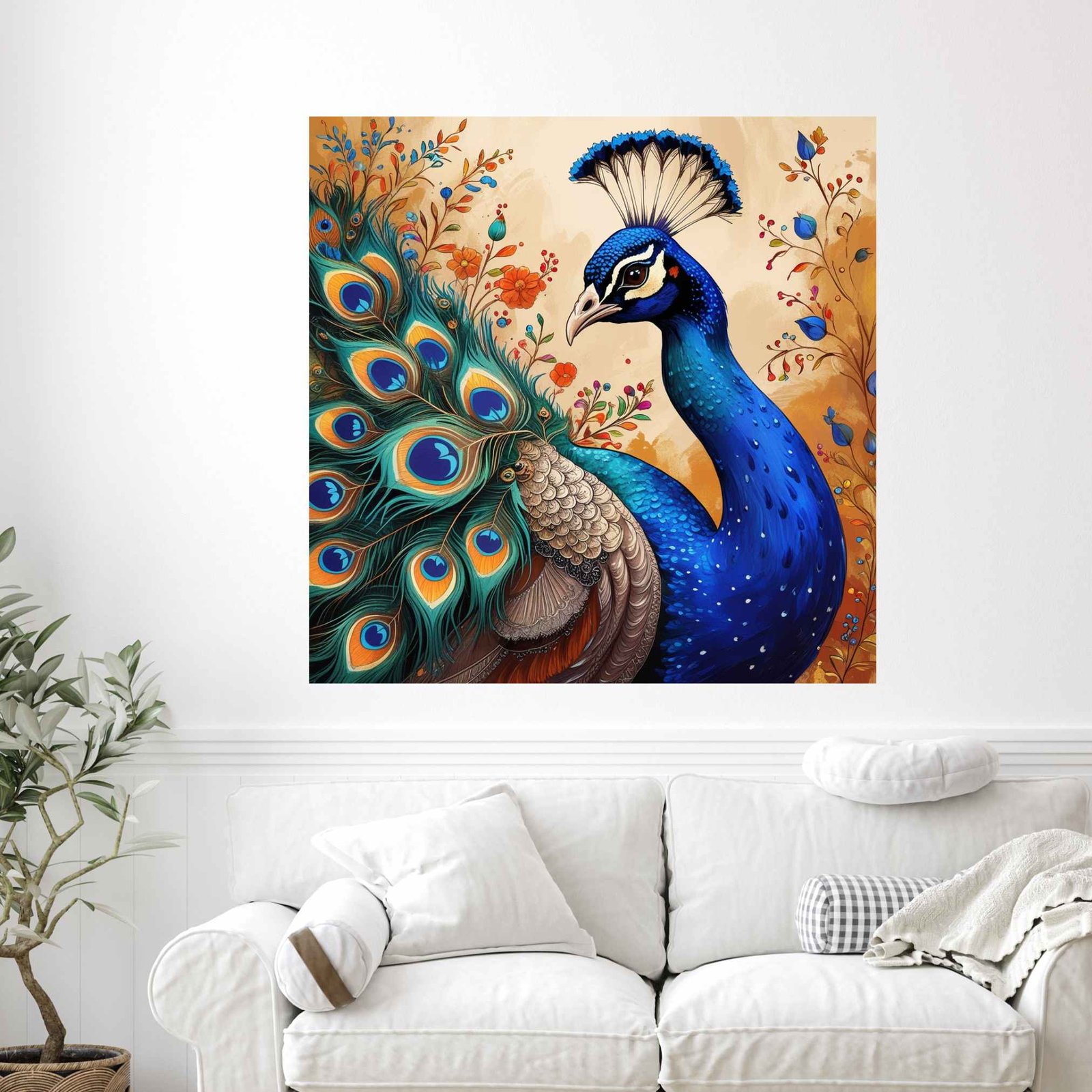Happie Vibes peacock canvas painting with vibrant feathers in blue, green, and gold for Indian wall art decor