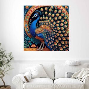 Happie Vibes peacock canvas wall art – ornate Indian bird painting with vibrant feathers and cultural motifs