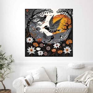 Happie Vibes bird folk canvas painting with flying birds, lotus flowers, and sunset wall art