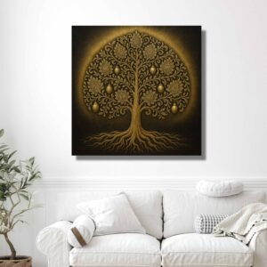 Happie Vibes Kalpavriksha vastu painting – golden tree of life canvas wall art for prosperity and positive energy