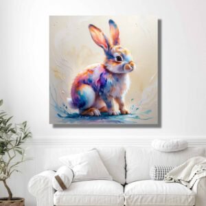 Happie Vibes rabbit wall art for kids – colorful bunny canvas painting for playful kids room decor