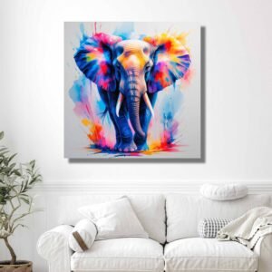 Happie Vibes elephant wall art – colorful animal canvas painting in modern splash style