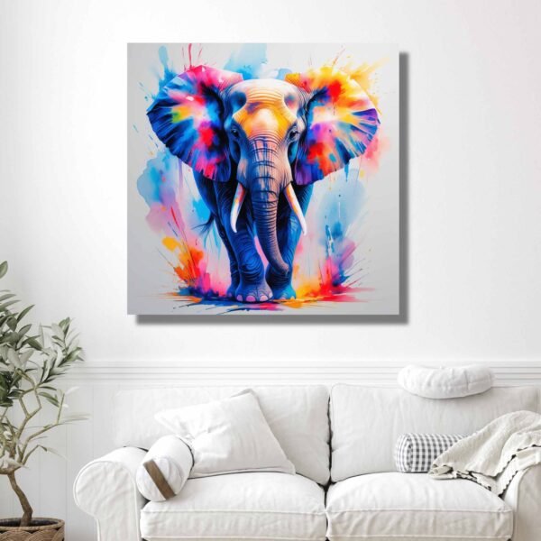 Happie Vibes elephant wall art – colorful animal canvas painting in modern splash style