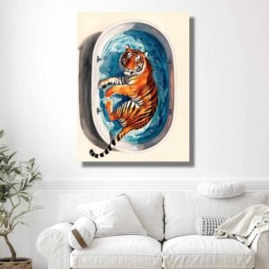 Happie Vibes tiger wall painting – modern animal art with surreal bathtub design