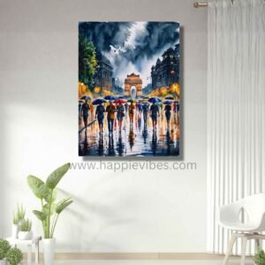 Happie Vibes Paris Under Rain – Paris Street Wall Art – Romantic Rainy City Painting