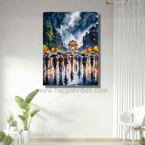 Happie Vibes Paris Under Rain – Paris Street Wall Art – Romantic Rainy City Painting